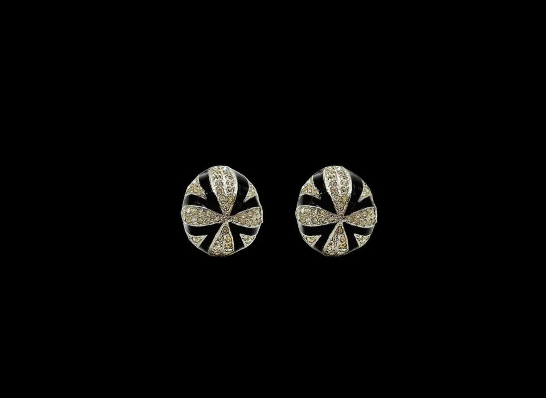 Silver Crystal and Black Enamel Domed Earring sold by Kenneth Jay Lane