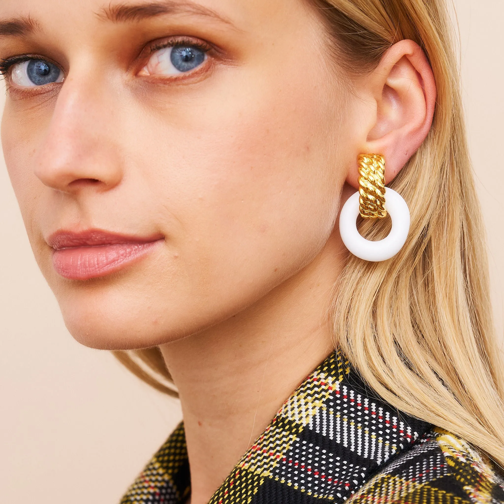 Gold & White Doorknocker Clip Earrings sold by Kenneth Jay Lane product image thumbnail 2