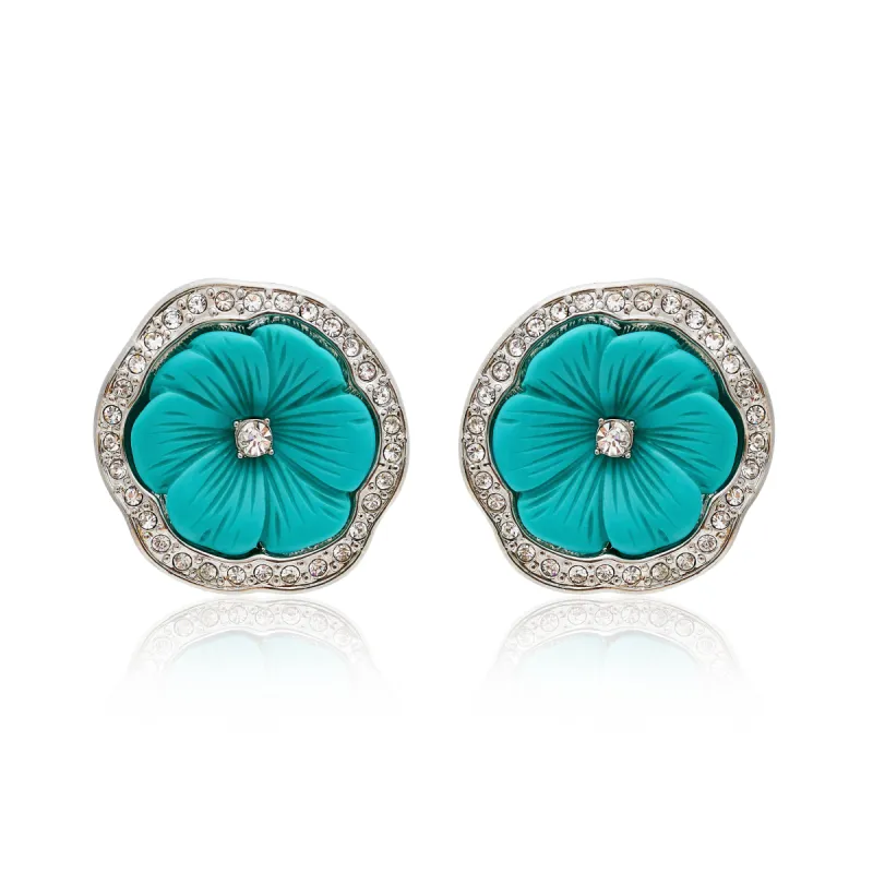 Rhodium & Turquoise Resin Pansy Clip Earrings sold by Kenneth Jay Lane