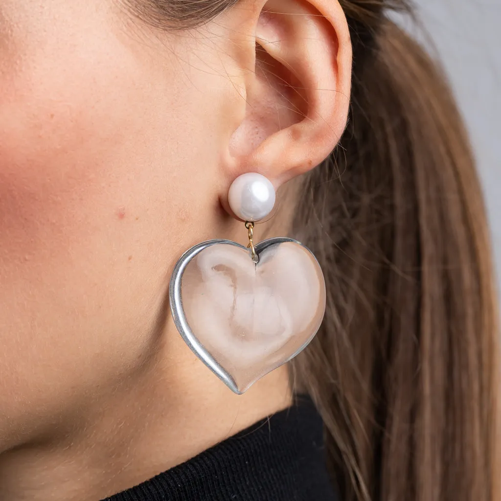 Pearl Top and Clear Heart Drop Pierced Earrings sold by Kenneth Jay Lane