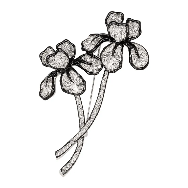 Double Black Line Crystal Long Stem Flower Pin sold by Kenneth Jay Lane