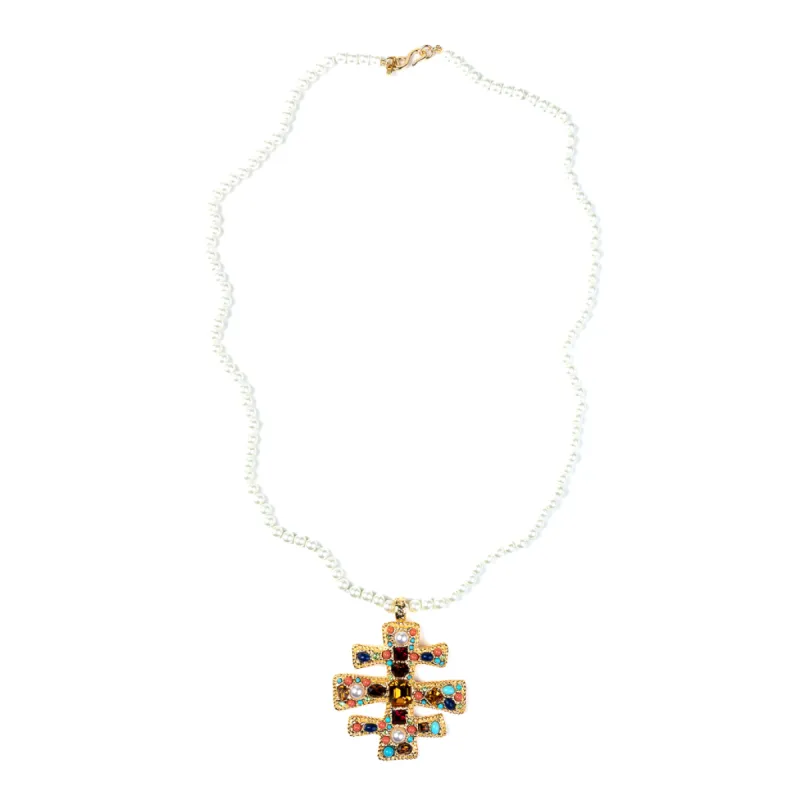 Pearl Necklace with Gold Multicolor Gem Pendant sold by Kenneth Jay Lane