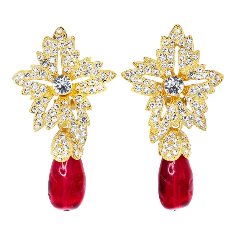 Gold Crystal Flower Top Ruby Teardrop Clip Earrings sold by Kenneth Jay Lane