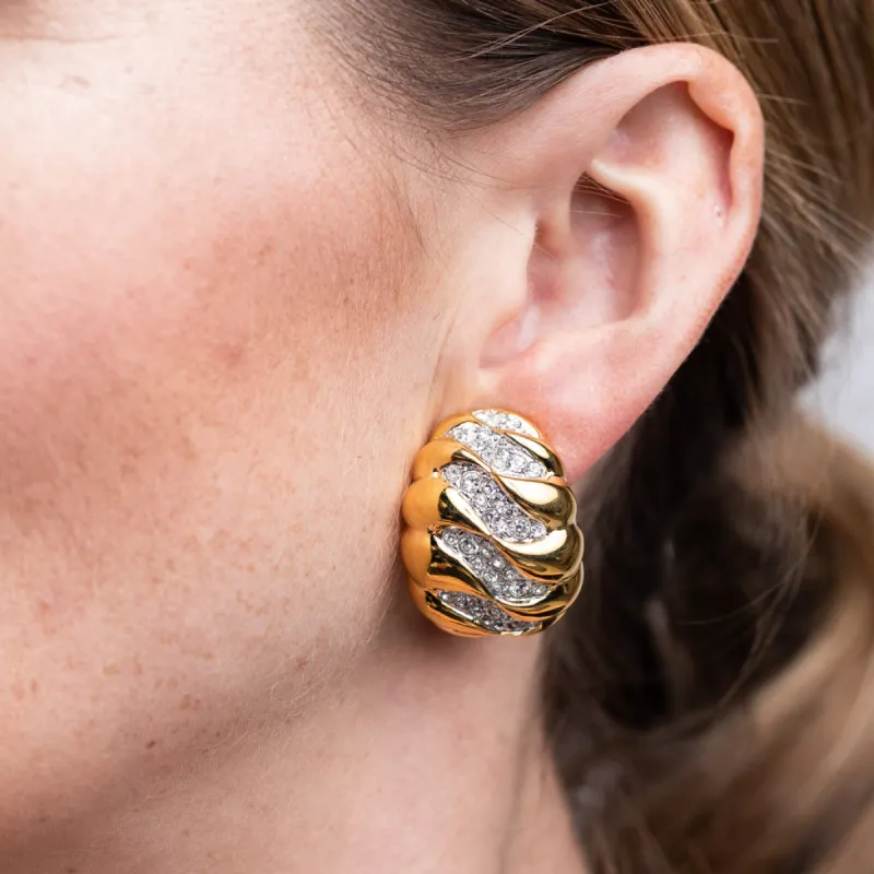 Gold and Rhinestone Wave Dome Clip Earrings sold by Kenneth Jay Lane