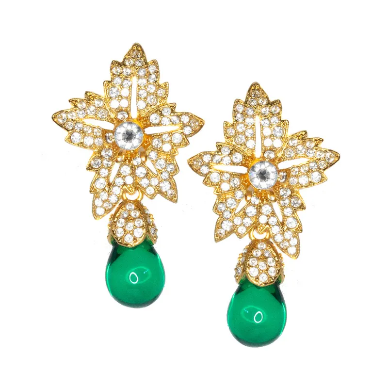 Flower Top Emerald Teardrop Clip Earrings sold by Kenneth Jay Lane