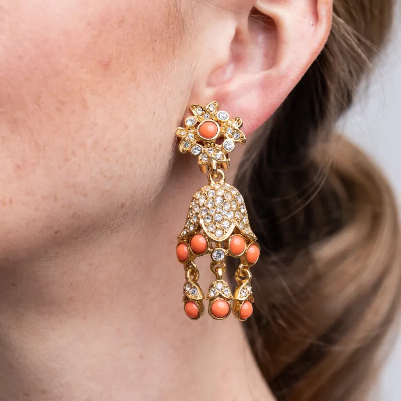 Gold And Coral Drop Clip Earrings sold by Kenneth Jay Lane
