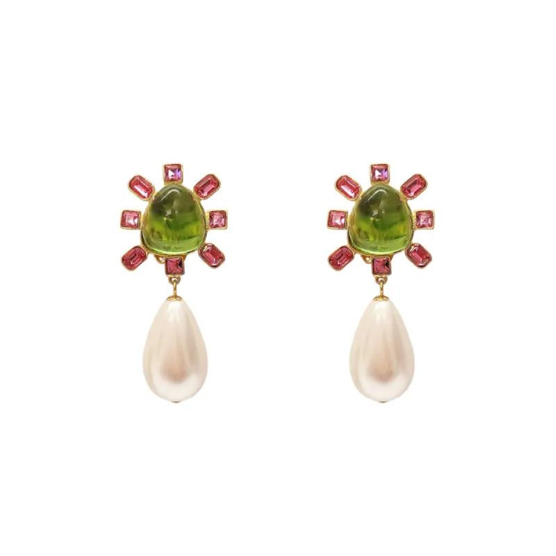 Pink and Peridot Cabochon Center Pearl Drop Clip Earring sold by Kenneth Jay Lane