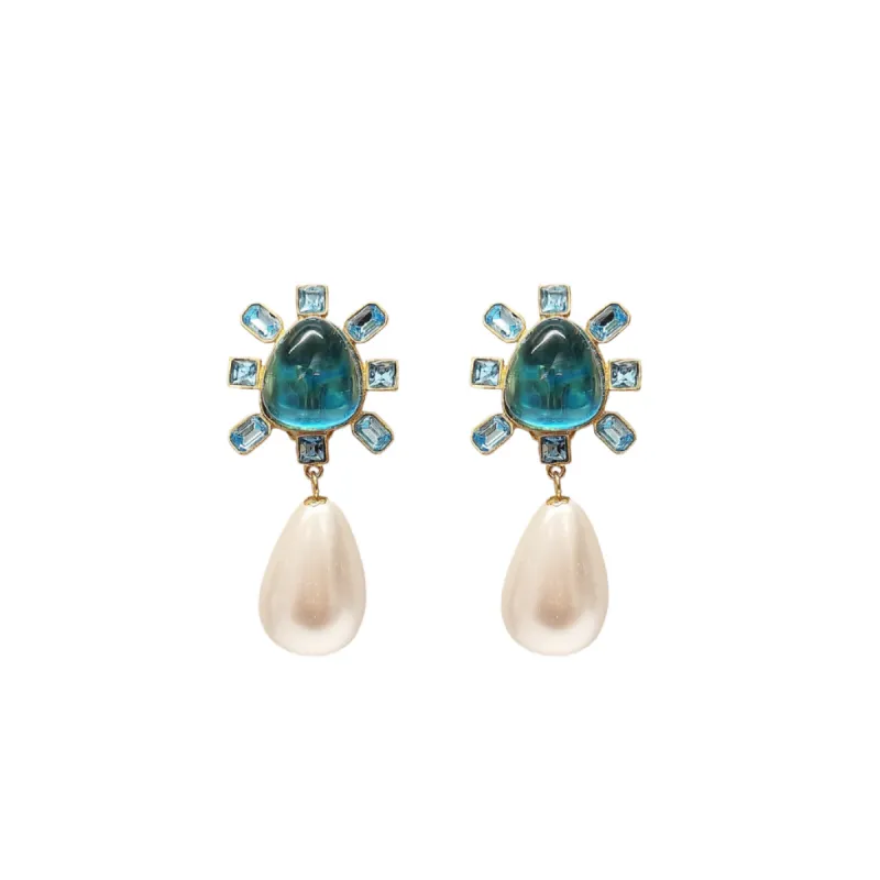 Aqua and Aqua Cabochon Center Pearl Drop Clip Earring sold by Kenneth Jay Lane