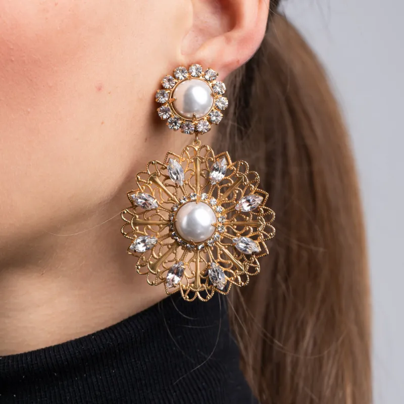 Filigree Flower with Pearl Center Clip Earrings sold by Kenneth Jay Lane