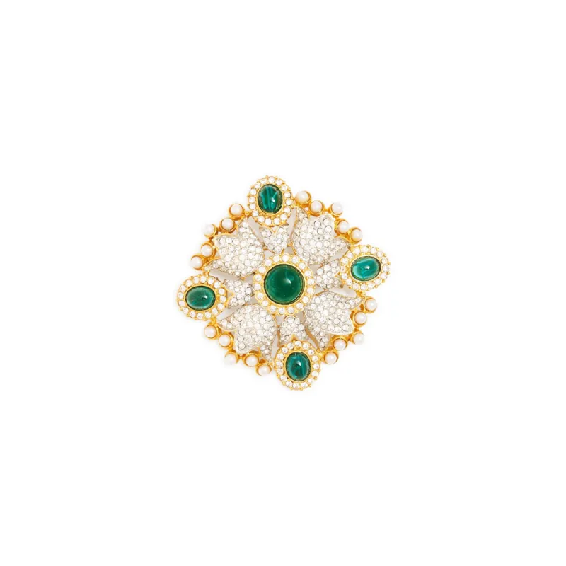 Crystal and Emerald Shield Pin sold by Kenneth Jay Lane
