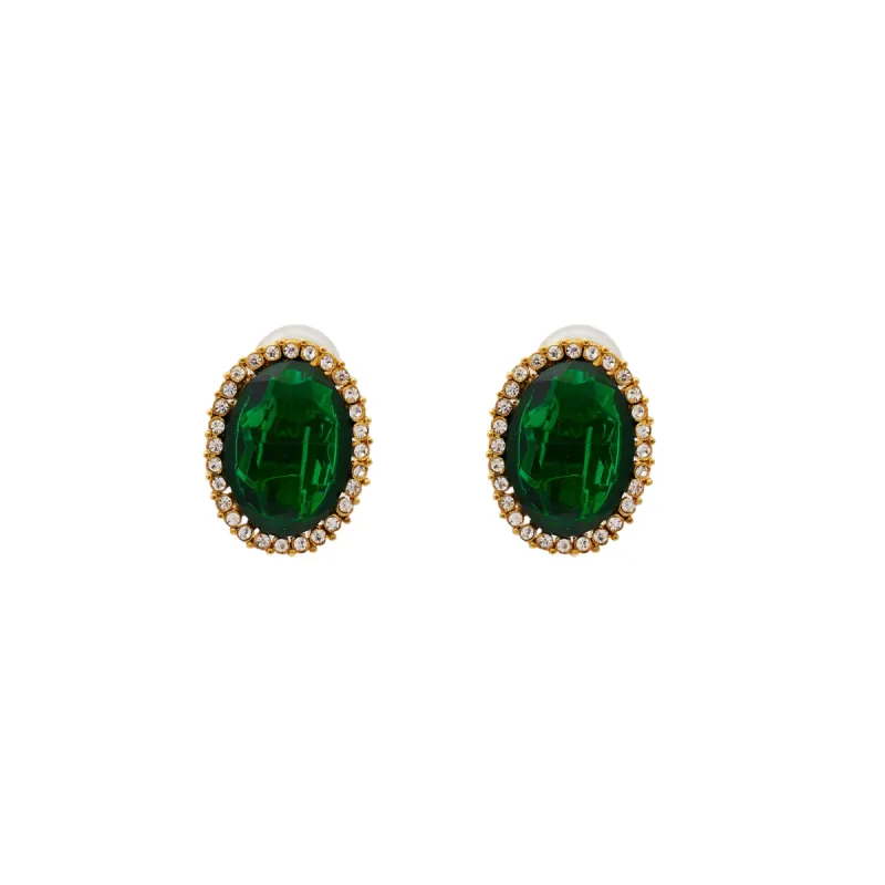 Gold & Crystal Oval Faceted Emerald Clip Earring sold by Kenneth Jay Lane