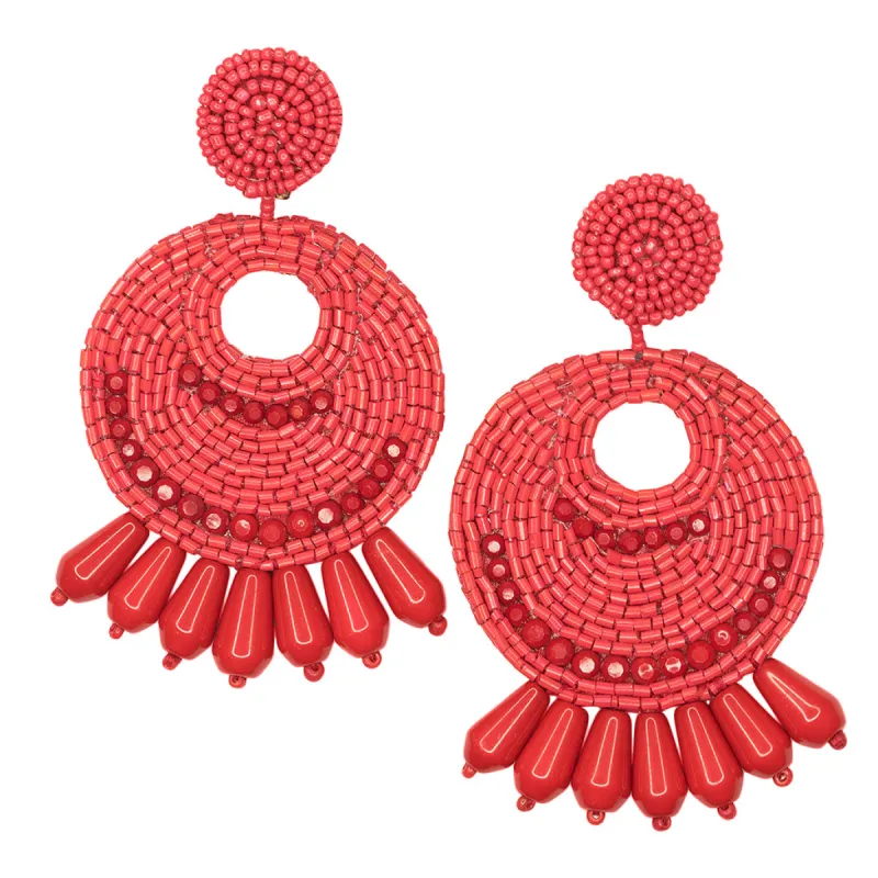 Large Red Seed Bead Round Gypsy Hoop Pierced or Clip Earrings sold by Kenneth Jay Lane