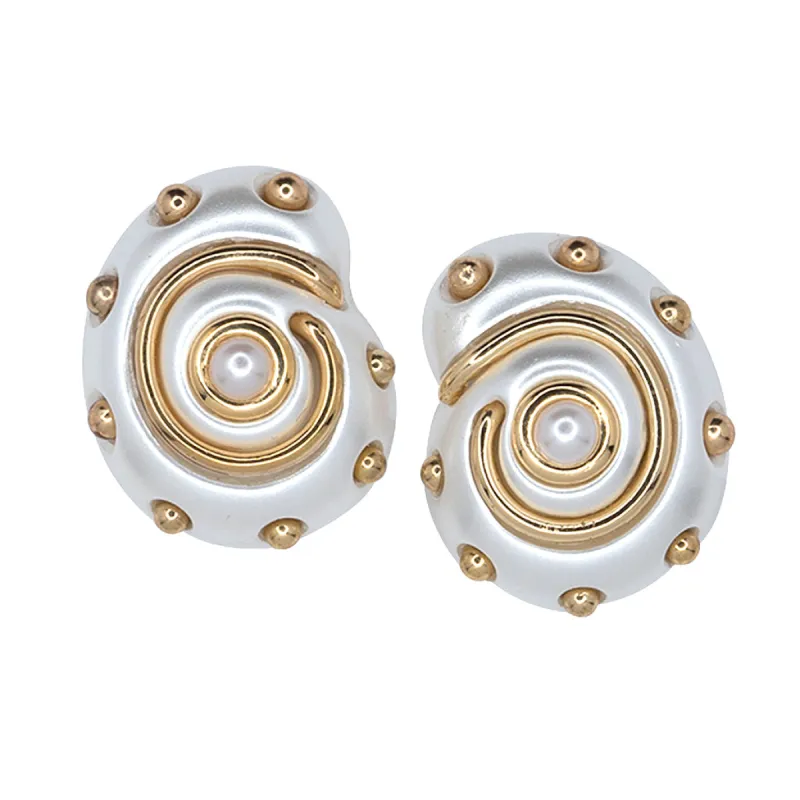 White Pearl with Gold Dots and Pearl Center Shell Clip Earrings sold by Kenneth Jay Lane
