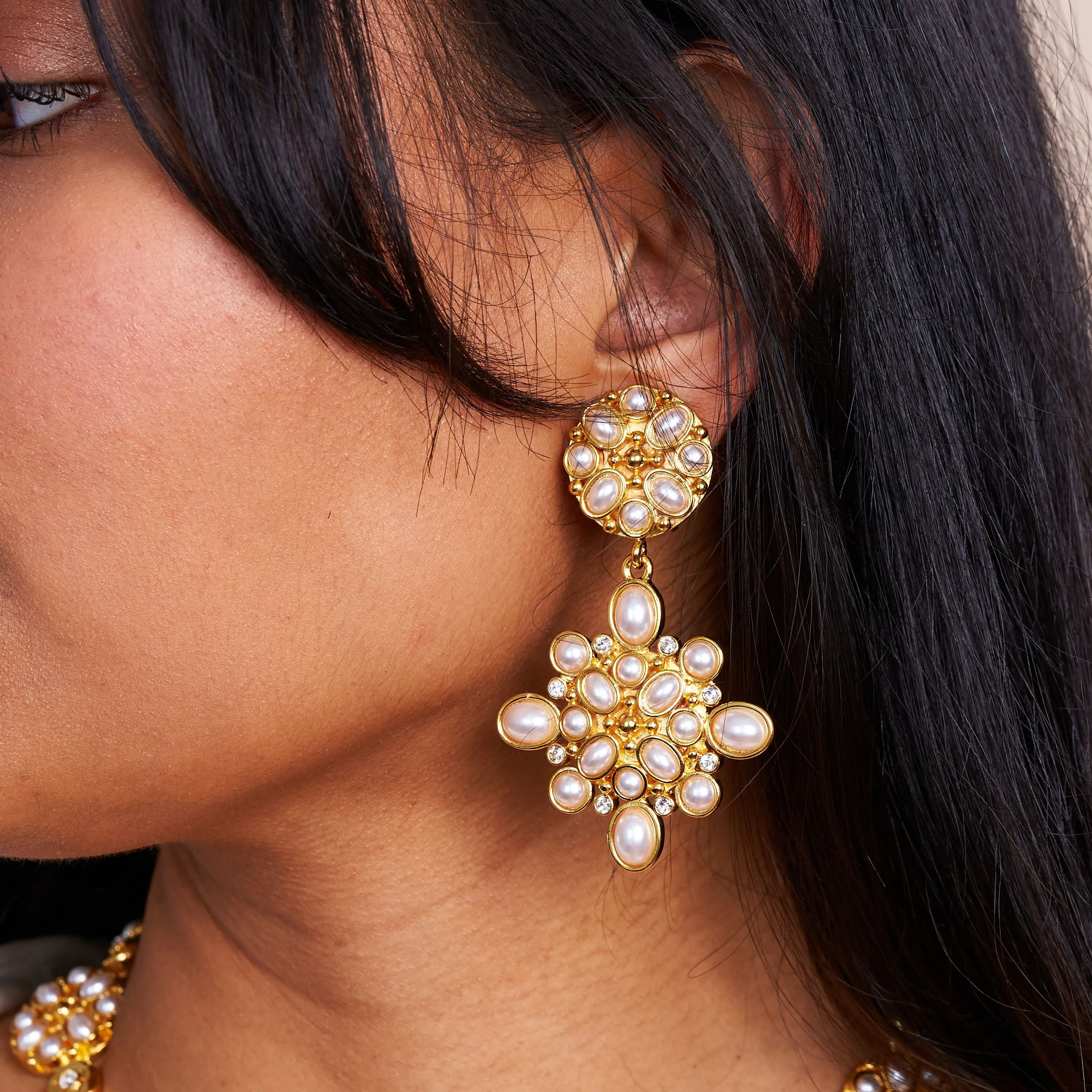 Gold & Pearl Cabochon Drop Clip Earrings sold by Kenneth Jay Lane product image thumbnail 2