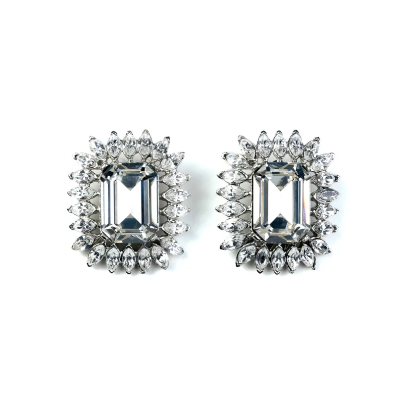 Rhodium and Rhinestone Clip Earrings with Crystal Center sold by Kenneth Jay Lane