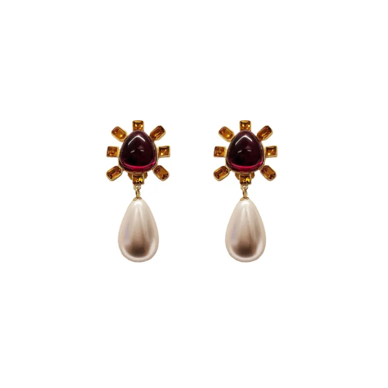 Topaz and Ruby Cabochon Center Pearl Drop Clip Earring sold by Kenneth Jay Lane