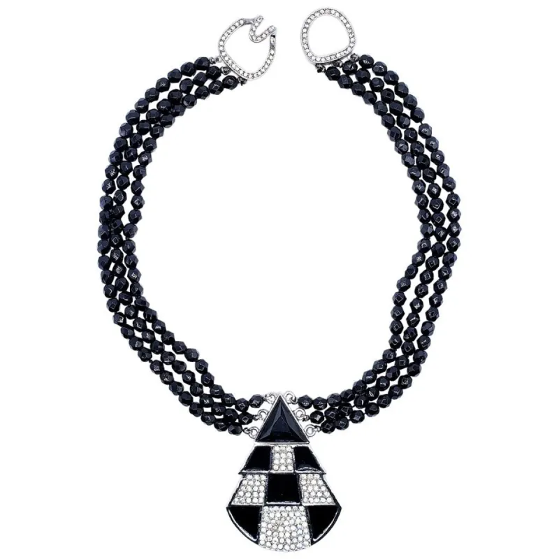 Vintage Three Row Black Bead Deco Necklace sold by Kenneth Jay Lane