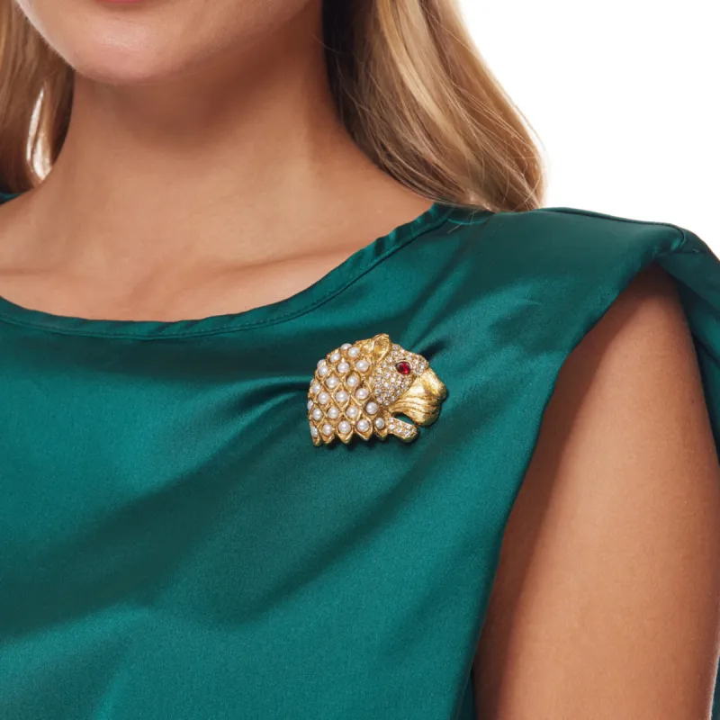 Gold Lion Head with Pearl, Crystal, and Ruby Eyes Pin sold by Kenneth Jay Lane