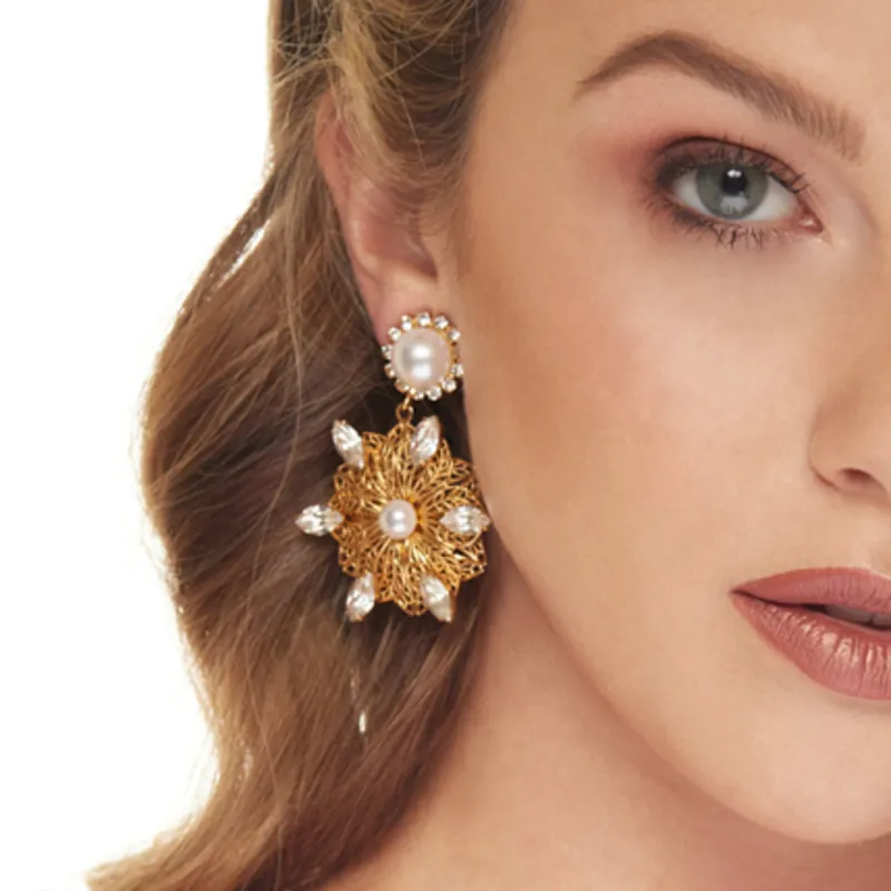 Gold and Crystal Filigree Flower with Pearl Earrings sold by Kenneth Jay Lane