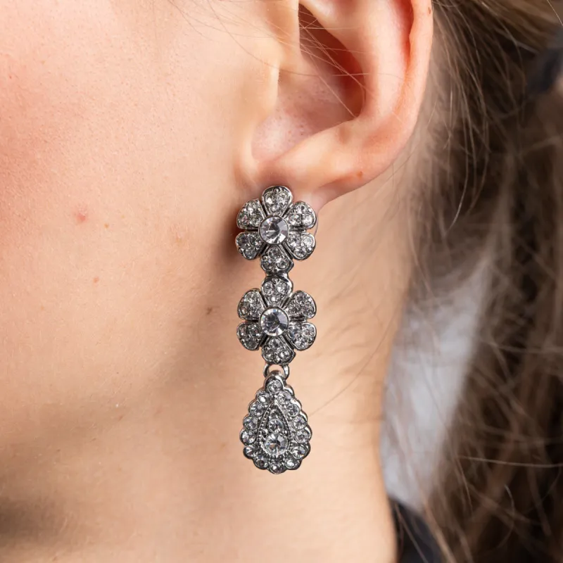 Antique Silver and Crystal Double Flower Drop Earrings sold by Kenneth Jay Lane