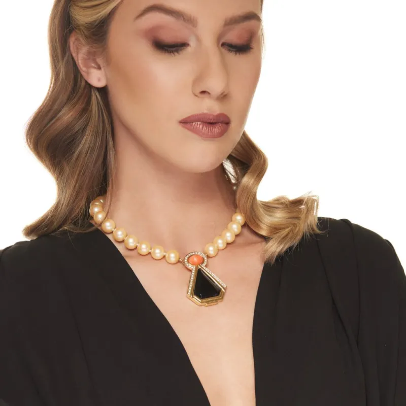 Vintage Gold with Pearl Art Deco Pendant Tab Necklace sold by Kenneth Jay Lane