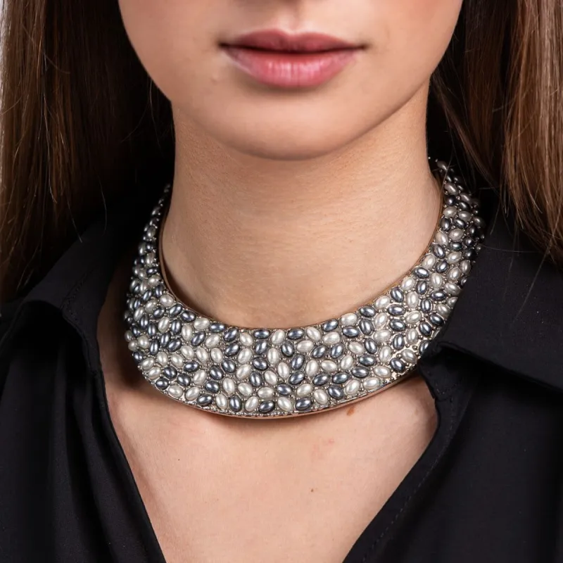 Vintage White and Grey Pearl Cabochon Bib Necklace sold by Kenneth Jay Lane