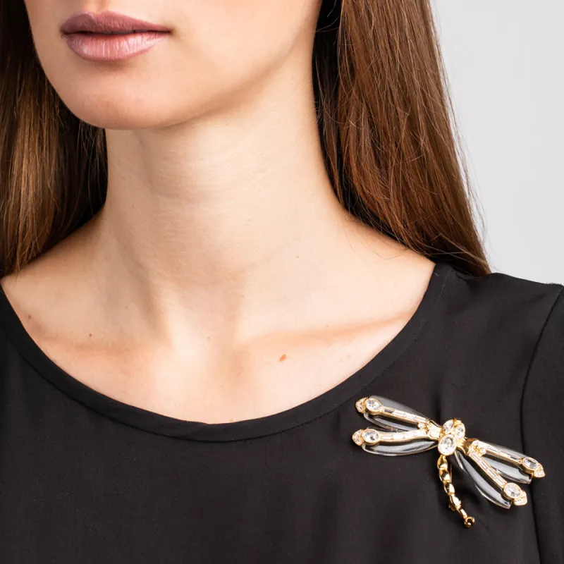 Gold and Crystal Dragonfly Pin with Clear Wings sold by Kenneth Jay Lane