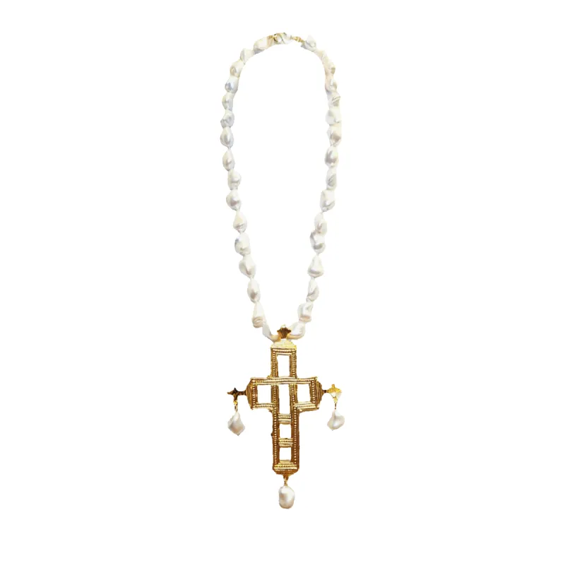 Vintage Baroque Pearl Gold Cross Necklace sold by Kenneth Jay Lane