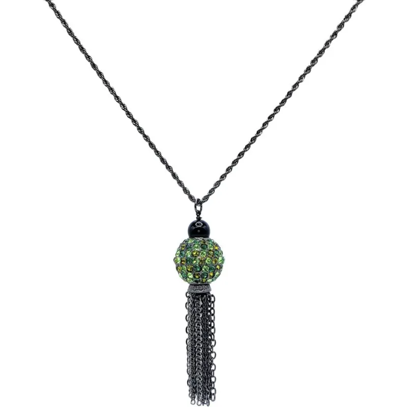 Vintage Gunmetal with Multi Green Gemstone Disco Ball Tassel Necklace sold by Kenneth Jay Lane
