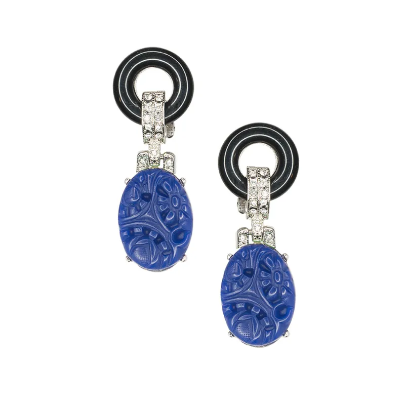 Black And Lapis Art Deco Pierced or Clip Earrings sold by Kenneth Jay Lane