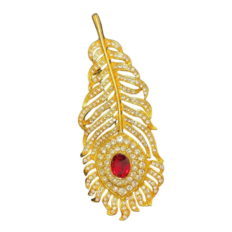 Gold Feather Ruby Stone Brooch sold by Kenneth Jay Lane