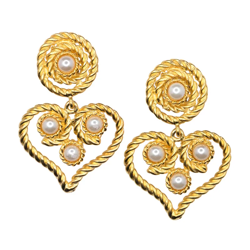 Satin Gold Heart Drop White Pearl Clip Earrings sold by Kenneth Jay Lane
