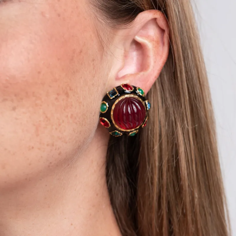 Ruby Center Button Clip Earrings sold by Kenneth Jay Lane