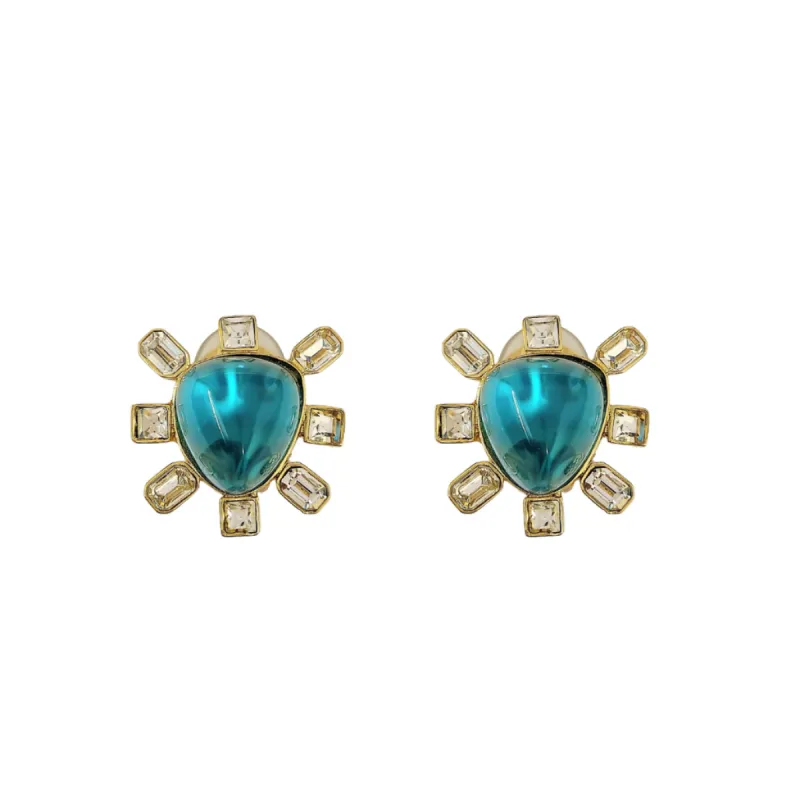 Clear Crystal and Aqua Cabochon Center Clip Earring sold by Kenneth Jay Lane