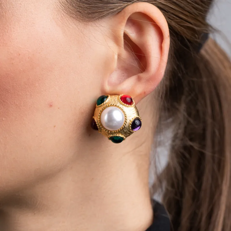 Satin Gold with Multi Color Gems and Pearl Center Clip Earrings sold by Kenneth Jay Lane