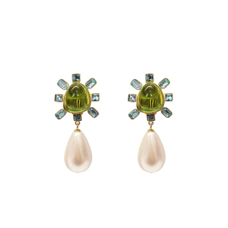 Aqua and Peridot Cabochon Center Pearl Drop Clip Earring sold by Kenneth Jay Lane