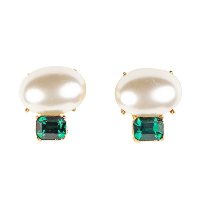 Pearl & Emerald Stone Clip-On Earrings sold by Kenneth Jay Lane