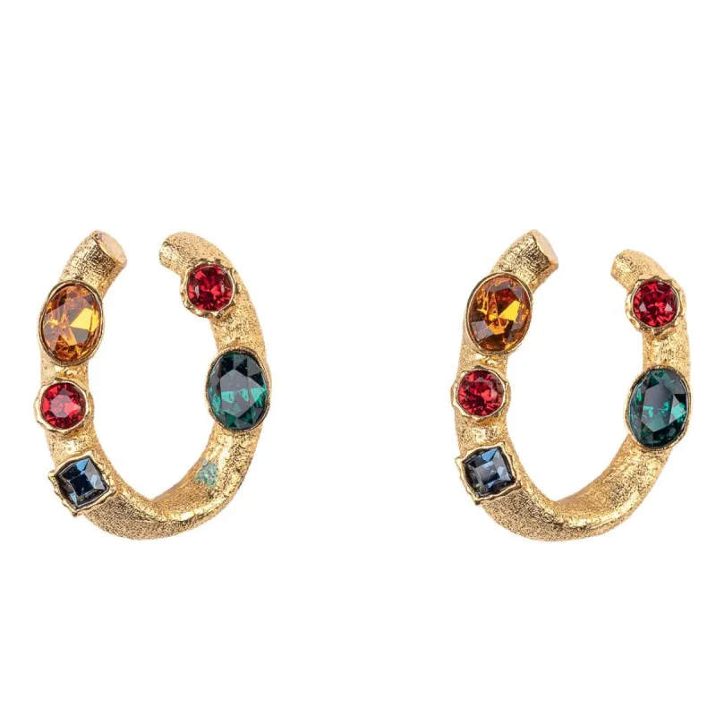 Antique Gold and Multicolor Gem U-Shaped Earring sold by Kenneth Jay Lane