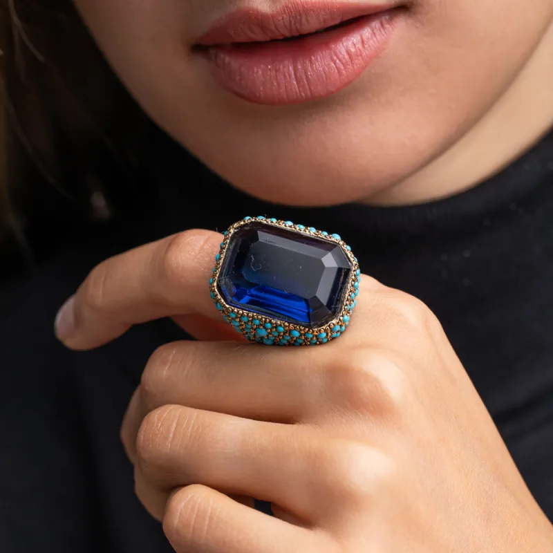 Antique Gold and Turquoise with Sapphire Center Ring made by Kenneth Jay Lane