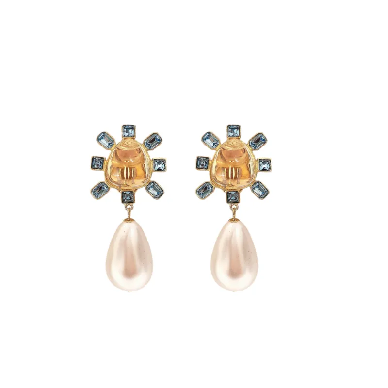 Aqua and Clear Crystal Cabochon Center Pearl Drop Clip Earring sold by Kenneth Jay Lane