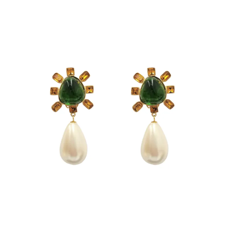 Topaz and Emerald Cabochon Center Pearl Drop Clip Earring sold by Kenneth Jay Lane