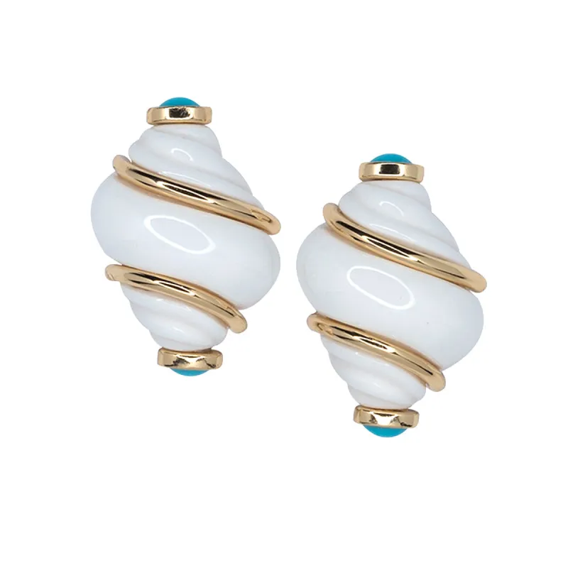 Polished Gold White Shell with Turquoise Tip Clip Earrings sold by Kenneth Jay Lane