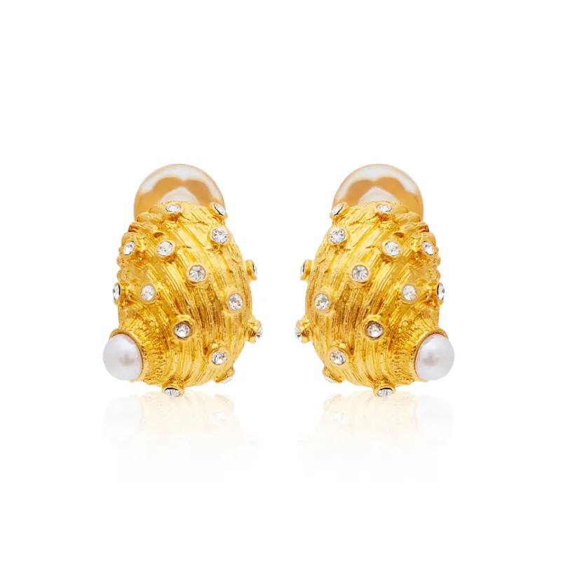 Gold & Pearl Seashell Button Clip Earrings sold by Kenneth Jay Lane