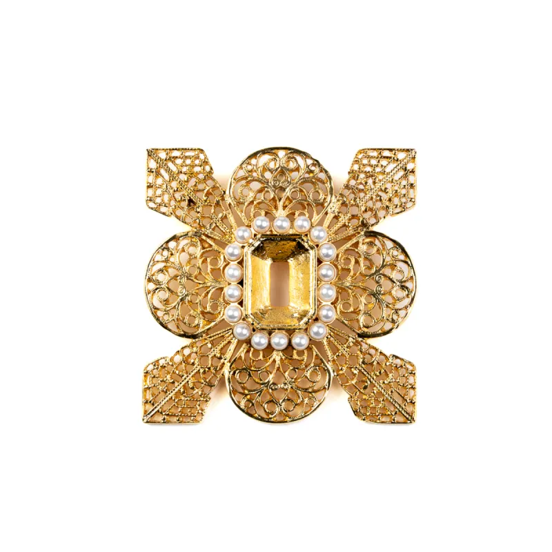 Gold and Pearl Filagree Pin with Crystal Center sold by Kenneth Jay Lane