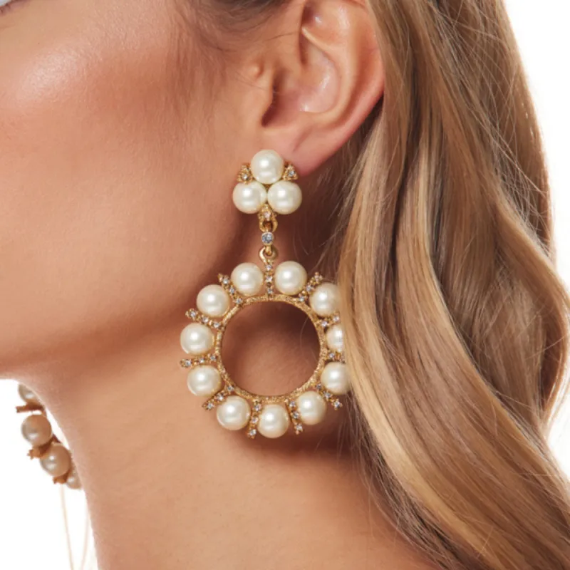 Light Antique Gold and Crystal Clip Earring with 10mm Pearl Balls sold by Kenneth Jay Lane