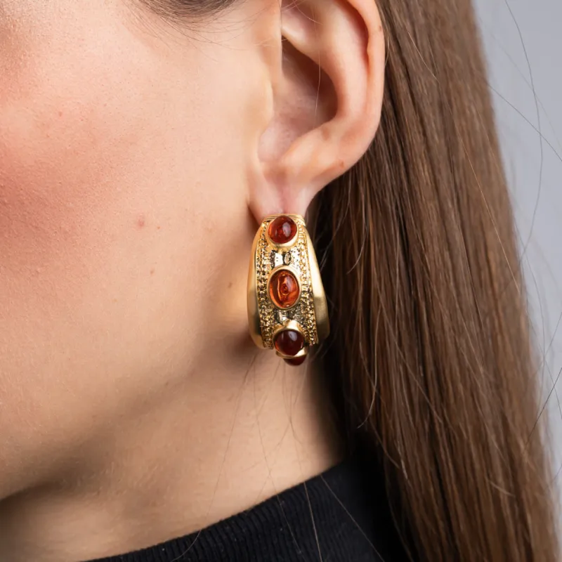 Polished Gold and Tortoise Cabochon Oval Hoop Earrings sold by Kenneth Jay Lane