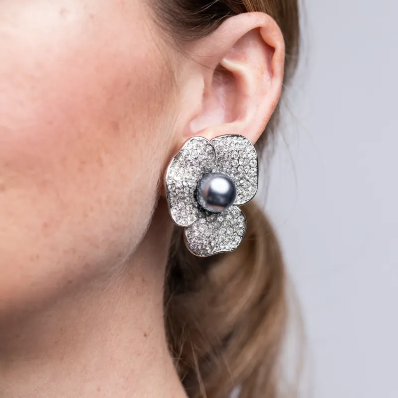 Grey Pearl Center Flower Clip Earrings sold by Kenneth Jay Lane