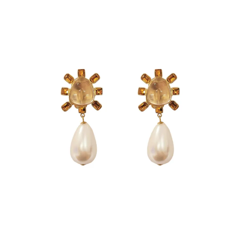 Topaz and Clear Crystal Cabochon Center Pearl Drop Clip Earring sold by Kenneth Jay Lane