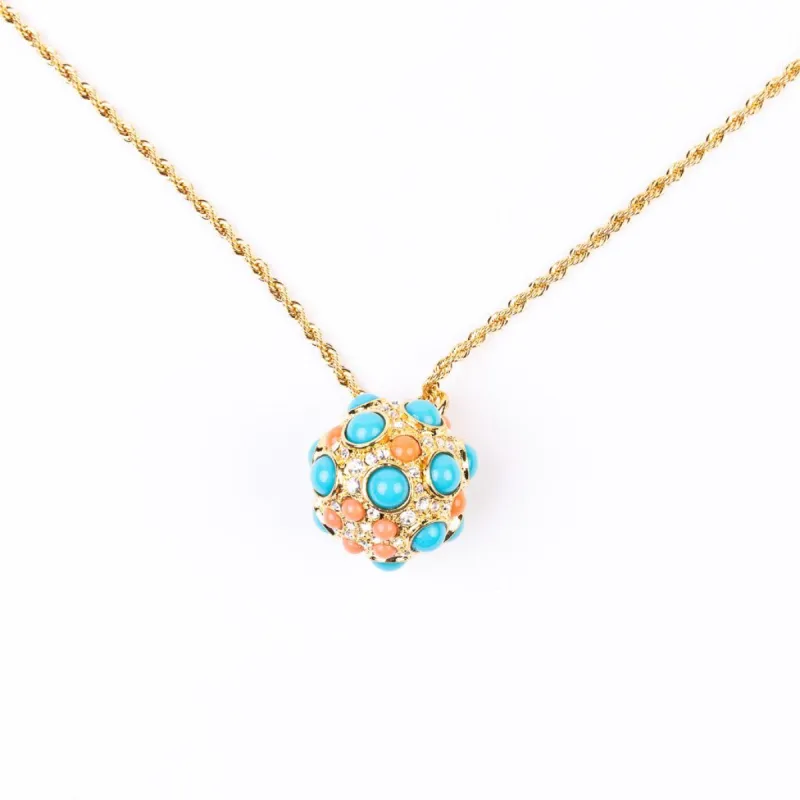 Turquoise and Coral Cabochon Pendant Necklace sold by Kenneth Jay Lane