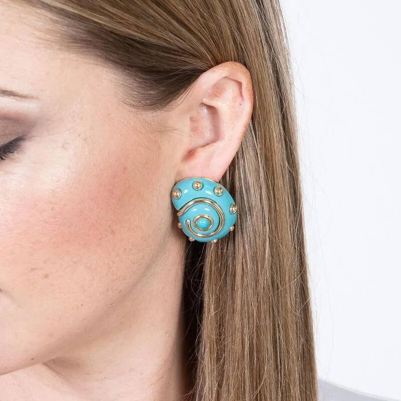 Turquoise with Gold Dots Shell Clip Earrings sold by Kenneth Jay Lane